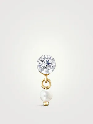 18K Gold Invisible Set Diamond And Pearl Dangle Threaded Stud Earring