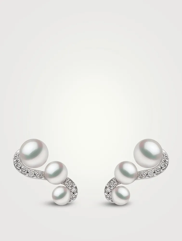 Sleek 18K White Gold Akoya Pearl Stud Earrings With Diamonds