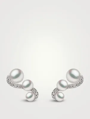 Sleek 18K White Gold Akoya Pearl Stud Earrings With Diamonds