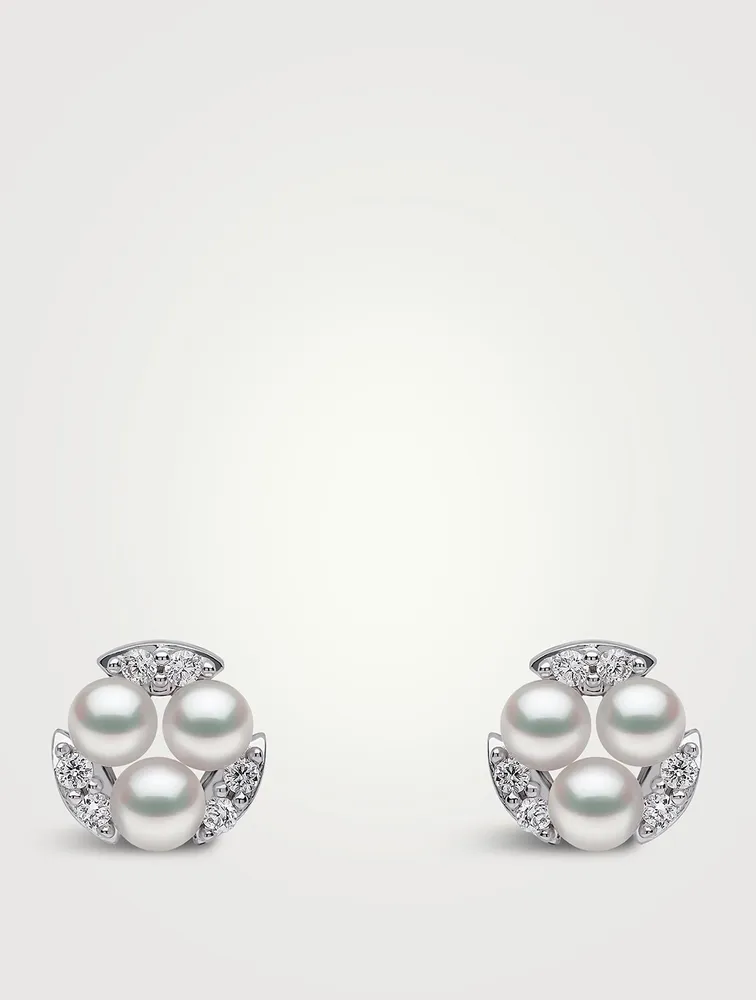 Sleek 18K White Gold Akoya Pearl Stud Earrings With Diamonds
