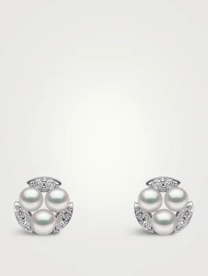 Sleek 18K White Gold Akoya Pearl Stud Earrings With Diamonds