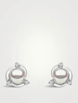 Trend 18K White Gold Freshwater Pearl Stud Earrings With Diamonds