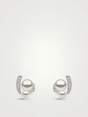 Trend 18K White Gold Freshwater Pearl Stud Earrings With Diamonds