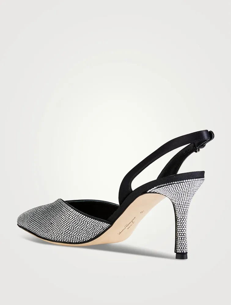 Crystal-Embellished Satin Slingback Pumps