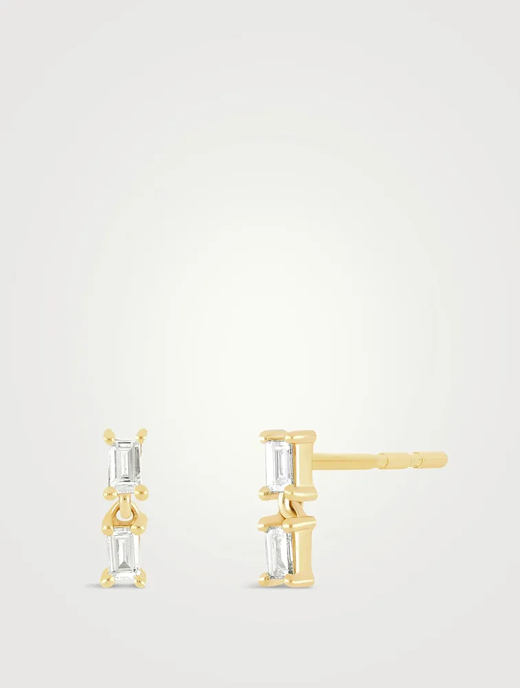 14K Gold Double Baguette Diamond Drop Stud Earrings