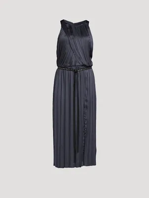 Irregular Pleated Satin Midi Dress