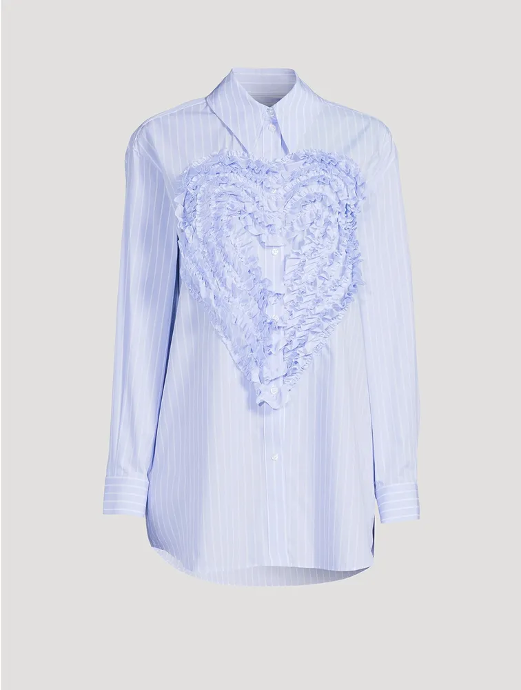 Ruffled Heart Cotton Shirt Pinstripe Print