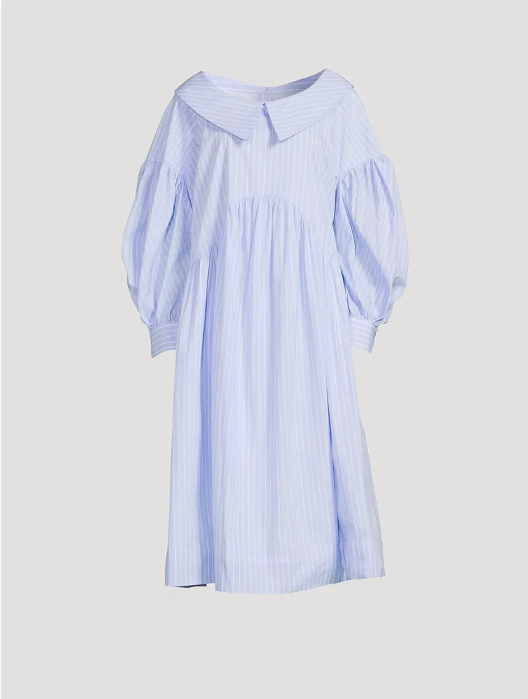 Puff-Sleeve Midi Dress Pinstripe Print