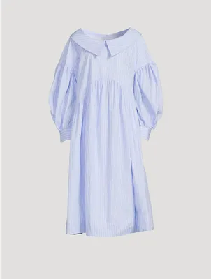Puff-Sleeve Midi Dress Pinstripe Print