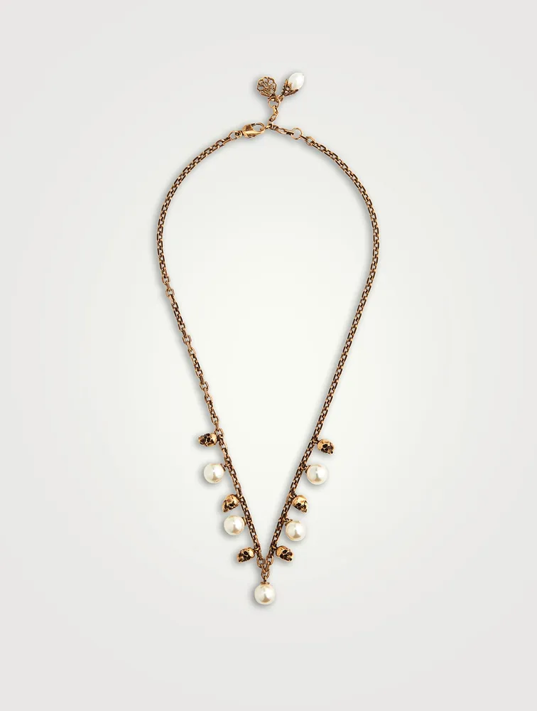Skull And Faux Pearl Chain Necklace