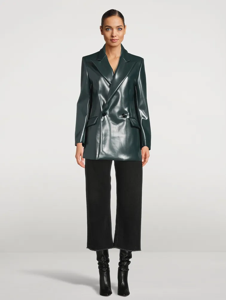 Faux Leather Double-Breasted Blazer