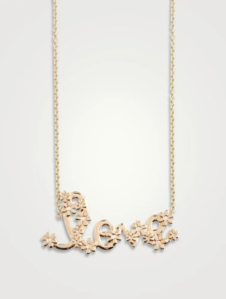 14K Gold Daisy Love Script Necklace With Diamonds