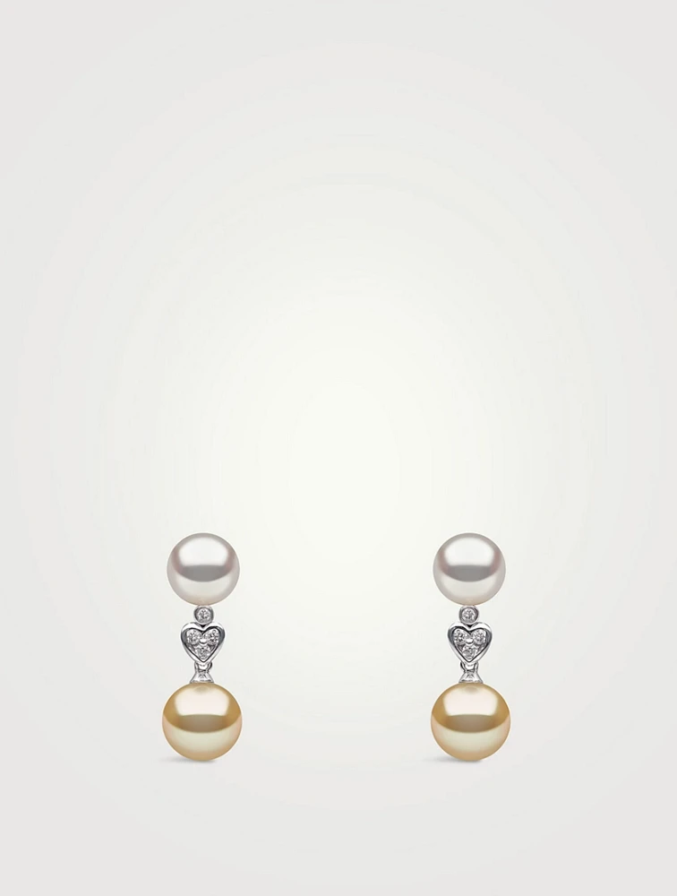 18K White Gold Golden Pearl And Diamond Heart Earrings