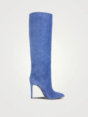 Croc-Embossed Suede Knee-High Boots
