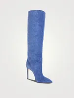 Croc-Embossed Suede Knee-High Boots