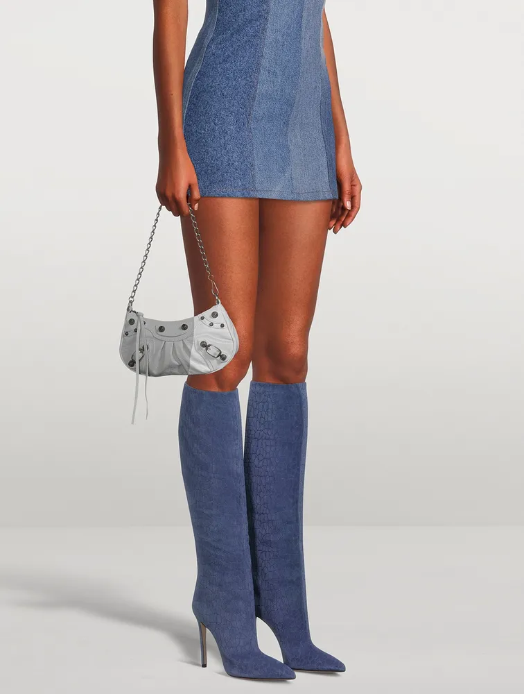 Croc-Embossed Suede Knee-High Boots