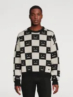 Checkerboard Wool Crewneck Sweater With Face Logo
