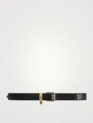 Croc-Embossed Leather Belt With Skull Charm