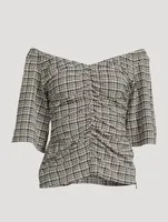 Ruched Seersucker Blouse In Plaid Print
