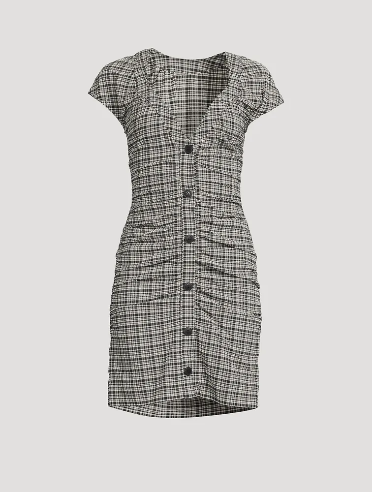 Ruched Seersucker Mini Dress Plaid Print
