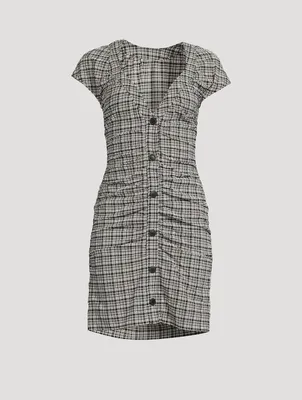 Ruched Seersucker Mini Dress Plaid Print