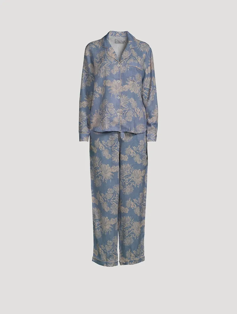 Long Linen Pajama Set Cactus Flower Print