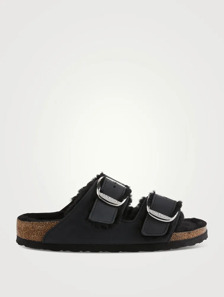 Arizona Big Buckle Shearling-Lined Leather Slide Sandals