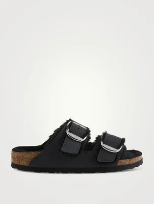 Arizona Big Buckle Shearling-Lined Leather Slide Sandals