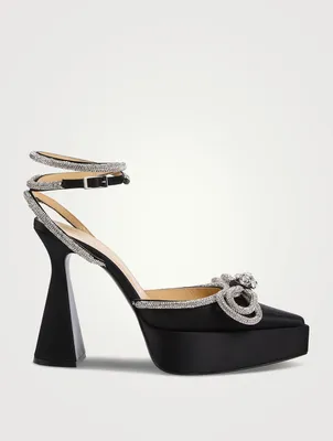 Double Bow Crystal-Embellished Satin Platform Pumps