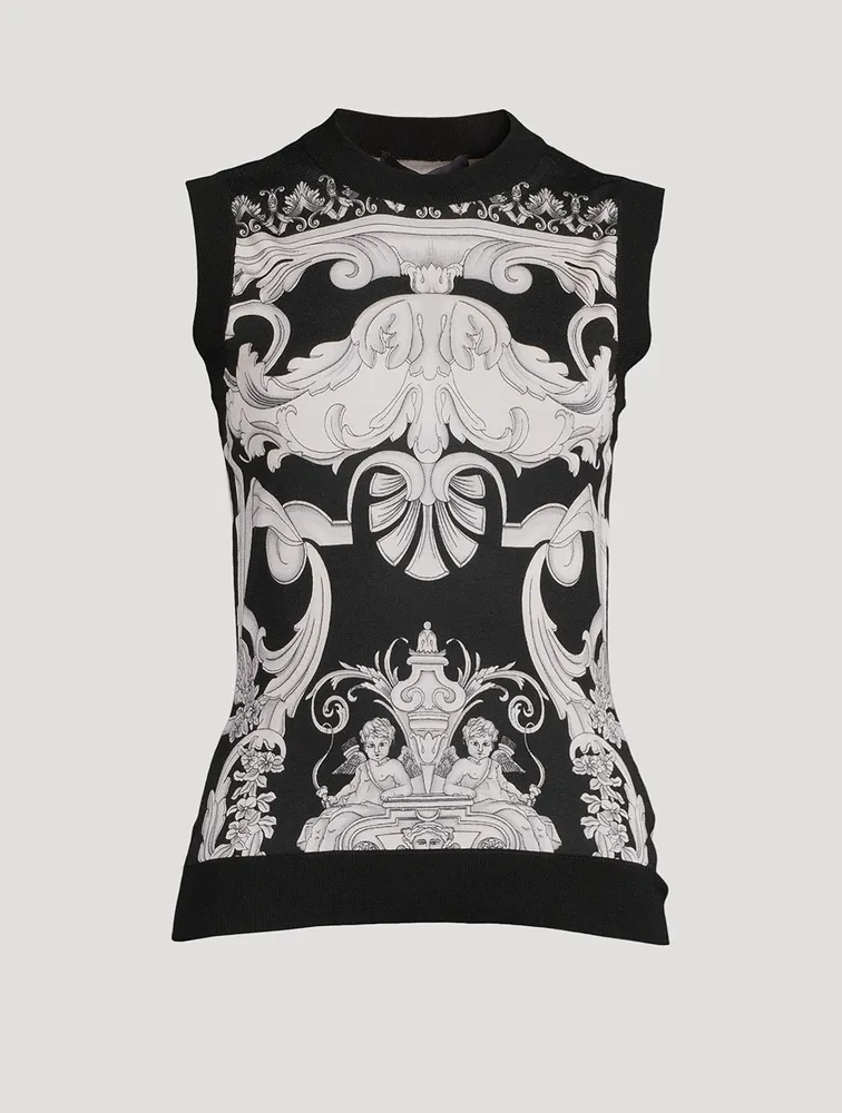 Silk Sweater Vest Silver Baroque Print