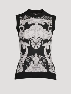 Silk Sweater Vest Silver Baroque Print