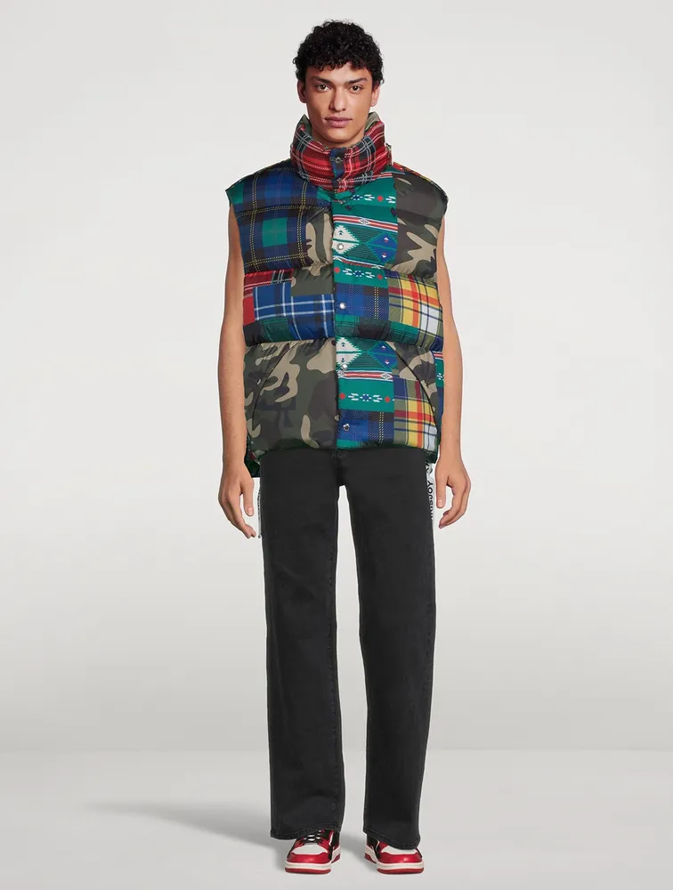 Chevron Down Puffer Vest Check Camo Print