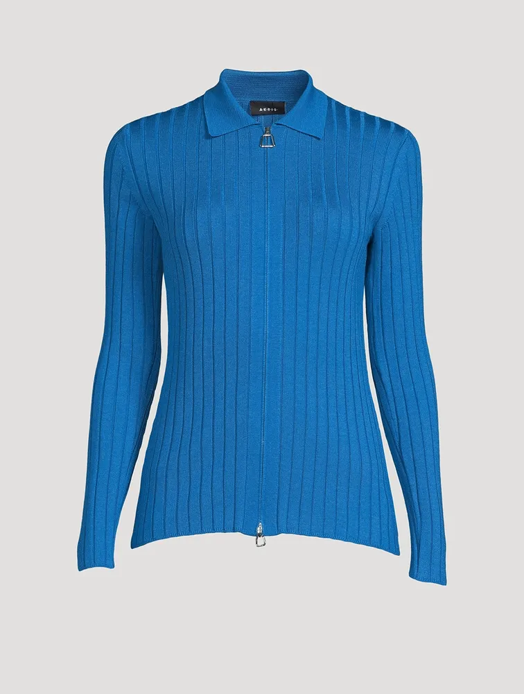 Rib-Knit Polo Cardigan