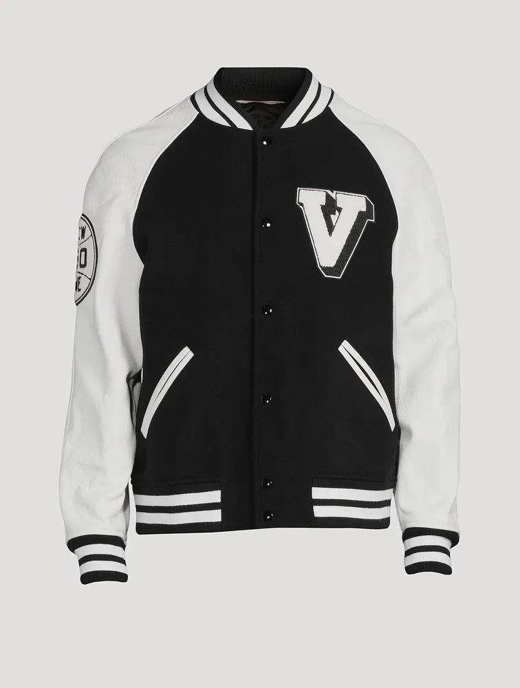Wool Bomber Jacket With Leather Sleeves
