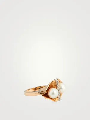 Vintage 14K Gold Double Pearl And Diamond Ring