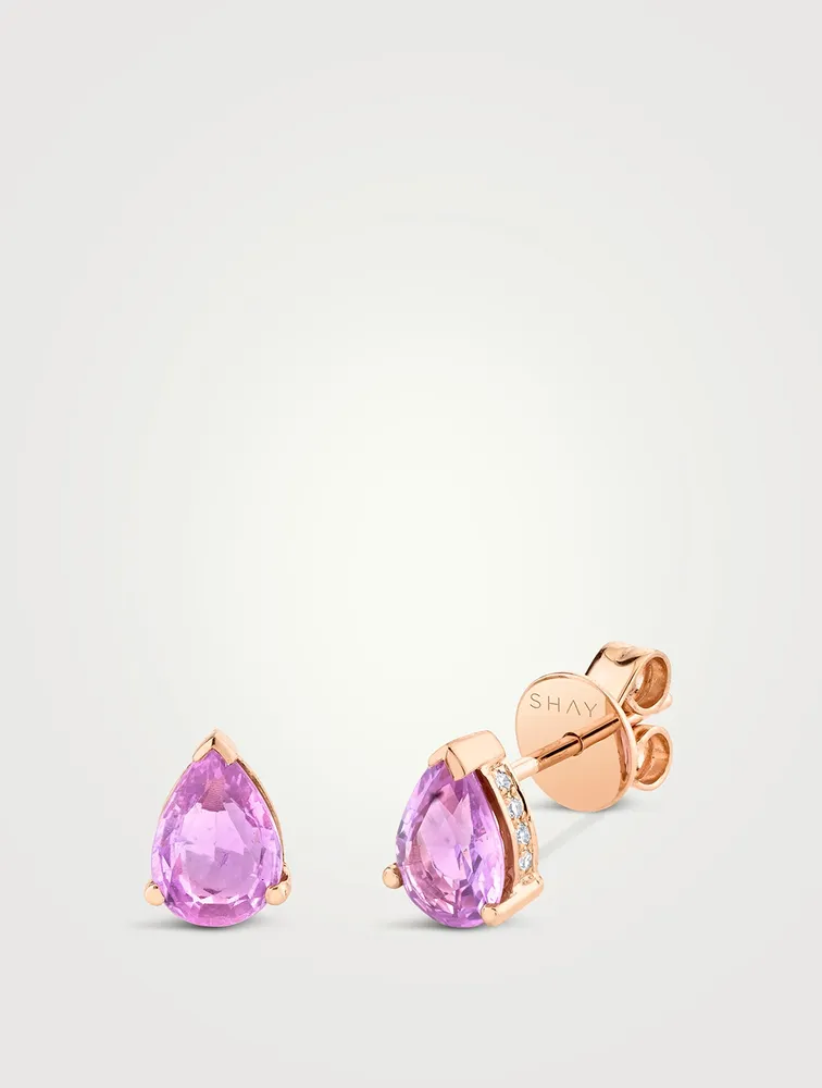 18K Rose Gold Pink Sapphire Stud Earrings With Diamonds