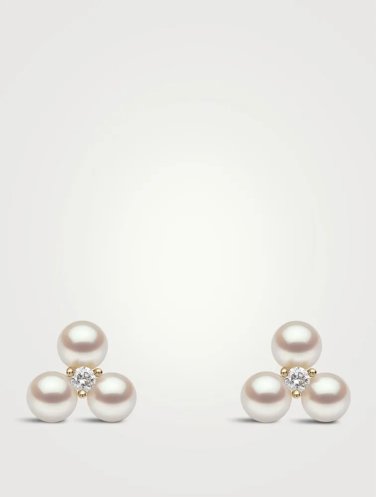 18K Gold Pearl Earrings With Diamonds