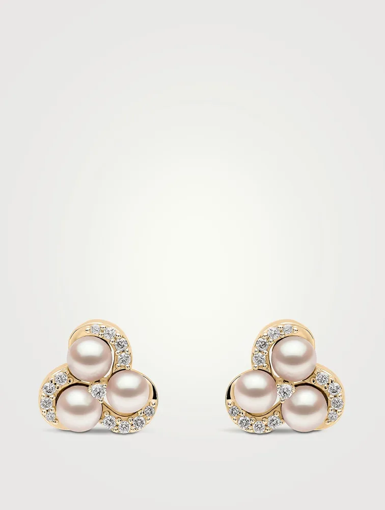 Sleek 18K Gold Akoya Pearl Stud Earrings With Diamonds
