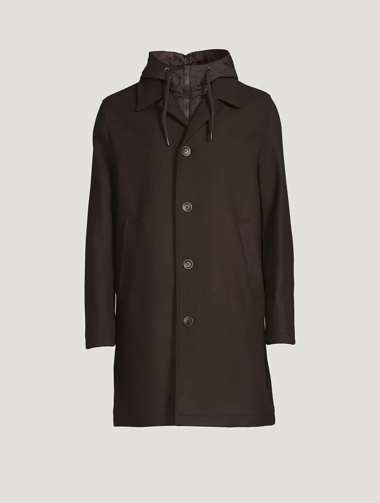 Wool And Nylon Coat With Hood