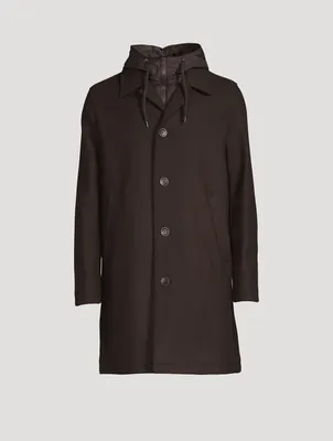 Wool And Nylon Coat With Hood