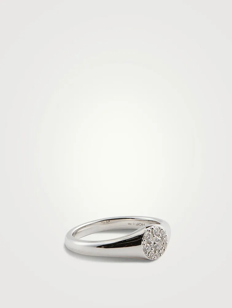 Tessa 18K White Gold Circle Signet Ring With Diamonds