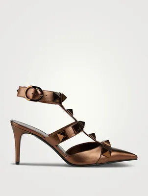Roman Stud Metallic Leather Ankle-Cuff Pumps