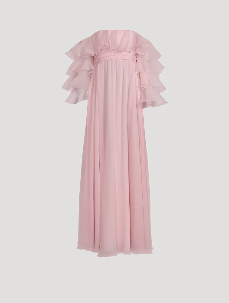 Ruffled Off-The-Shoulder Silk Georgette Gown