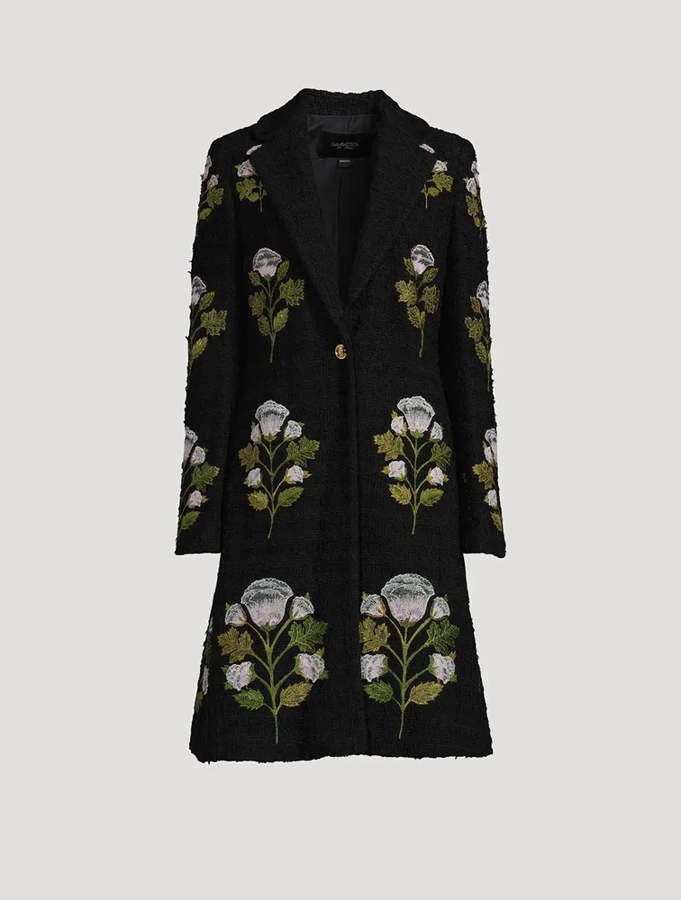 Floral-Embroidered Tweed Bouclé Coat
