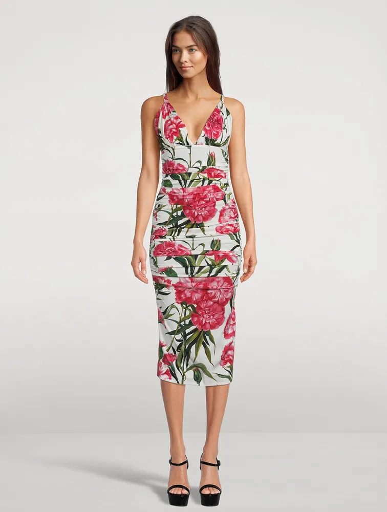 Draped Silk Charmeuse Midi Dress Carnation Print