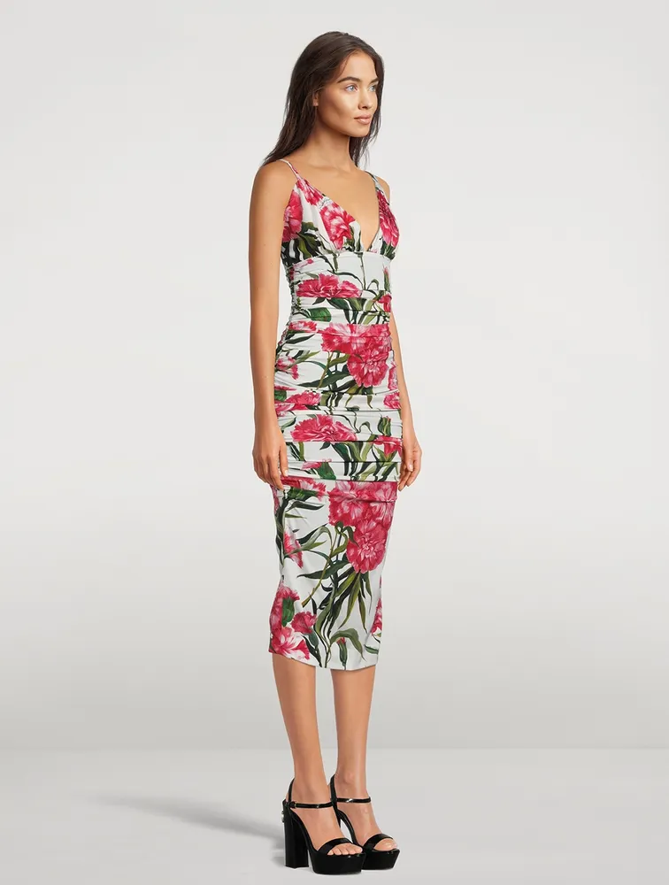 Draped Silk Charmeuse Midi Dress Carnation Print