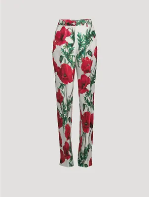 Silk Shantung Trousers Poppy Print