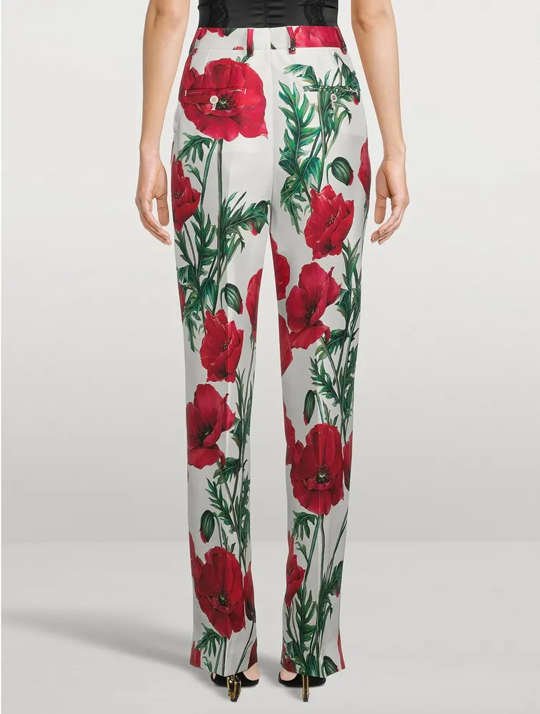 Silk Shantung Trousers Poppy Print