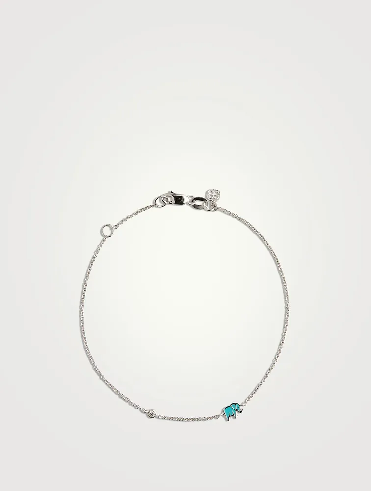 14K Gold Enamel Elephant Chain Bracelet With Diamond