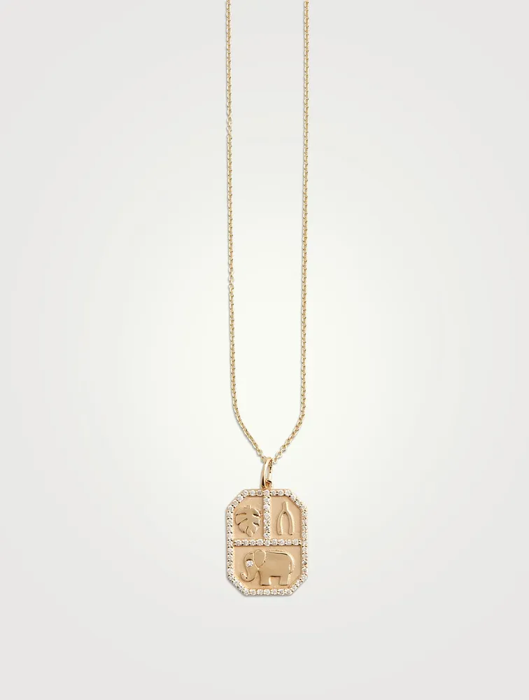 14K Gold Rectangular Icon Pendant Necklace With Diamonds